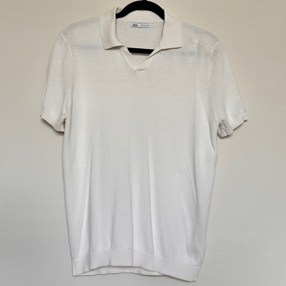 Zara Mens Knit Polo Shirt Off White Textured V-Neck‎ Short Sleeve Large 3332/426